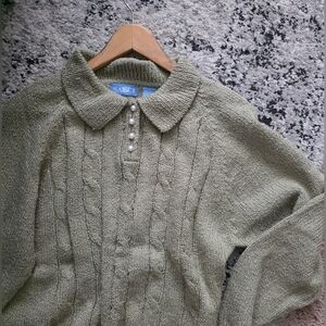 Vintage Sauci Cableknit Acrylic Collared Sweater Pearl Buttons Womens L Green